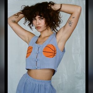 Fashion Brand Company XS S Basketball Boobs Linen Crop Tank Top